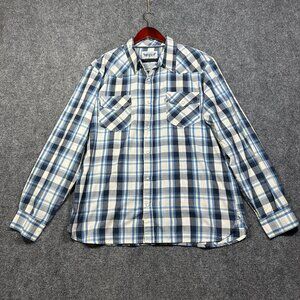 Levis Shirt Mens XL Western Pearl Snap Pockets Blue Plaid Cotton Snap Cuffs